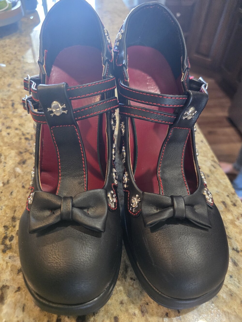 Black T-Strap Bow Heels with Red Lining and Skull Studs Demonian Size 9